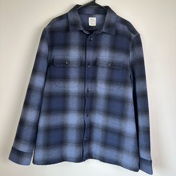 M&S The Overshirt Mens Large Blue Plaid Button Down Shacket Long Sleeve Soft - Picture 1 of 8